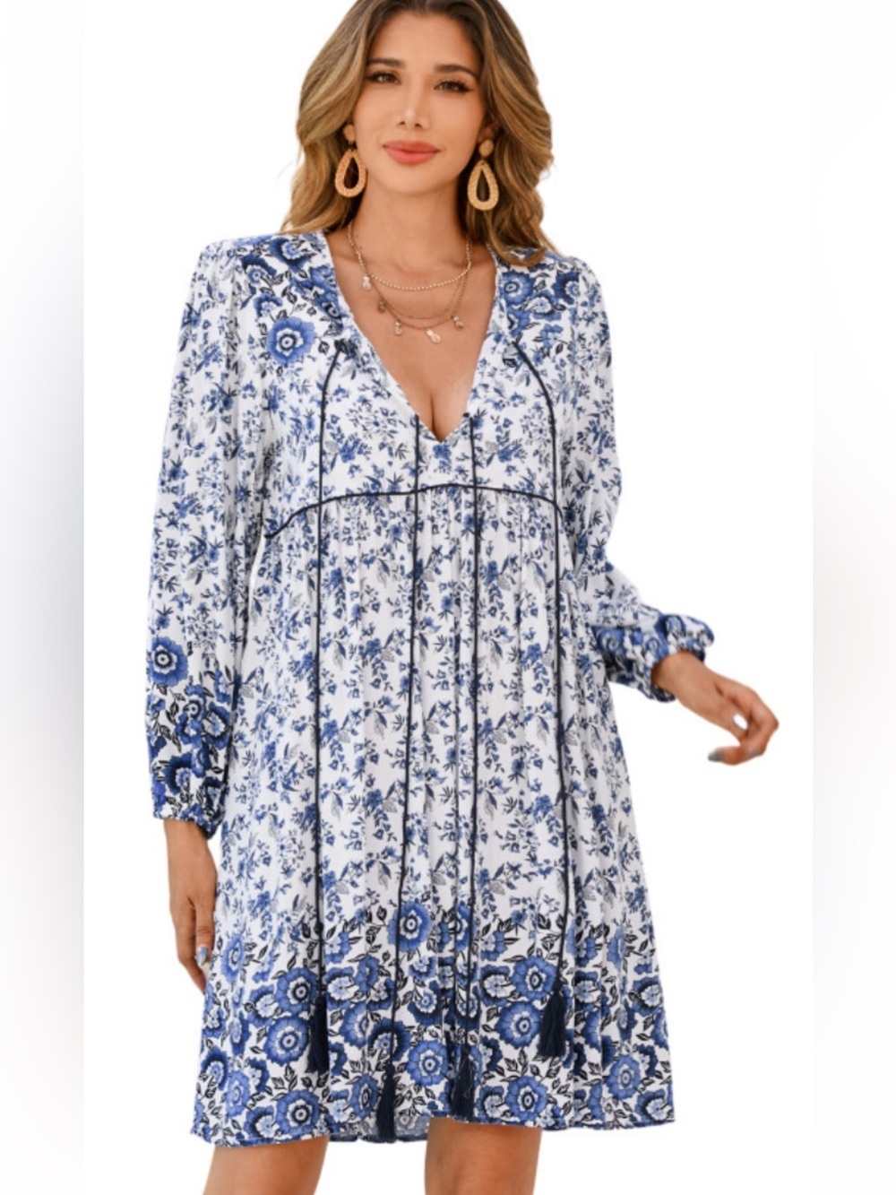 R Vivimos Blue White Floral Peasant Boho English Countryside Flowy Dress NWT M